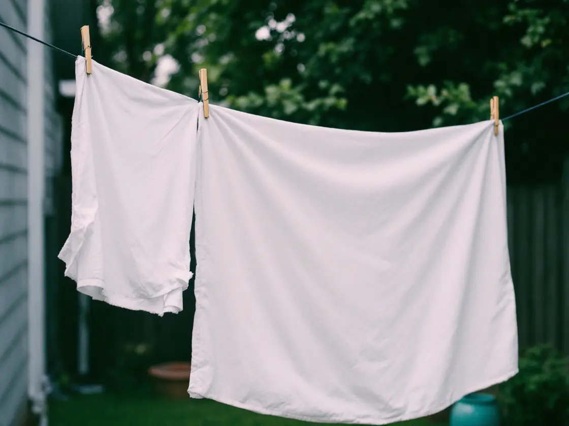 White sheets drying on a clothesline in a quiet backyard