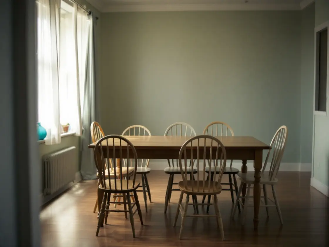 A long wooden kitchen table with six mismatched empty chairs in daylight