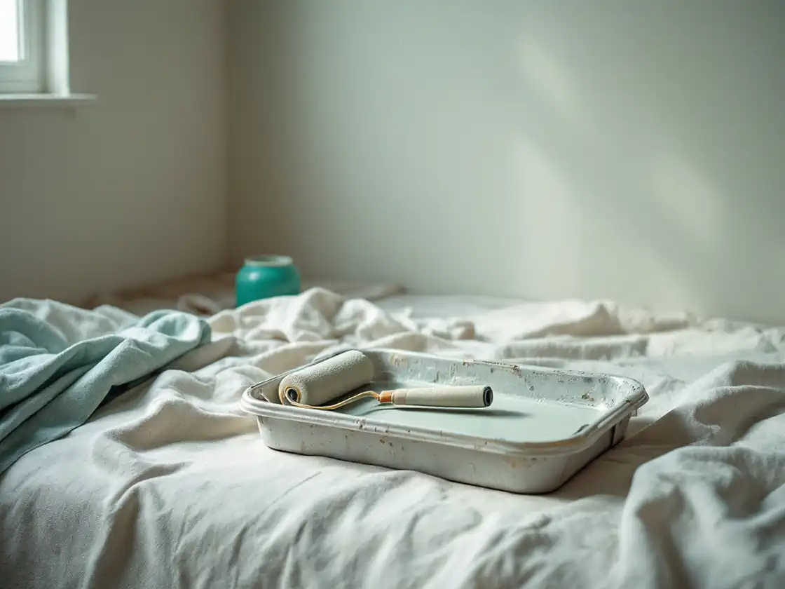 A paint roller and tray on a drop cloth in an empty room