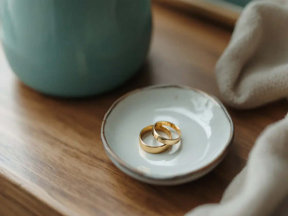 Two plain gold bands in a small ceramic dish on a dresser