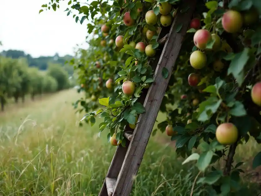 A wooden ladder leaning against an apple tree in a sunlit orchard