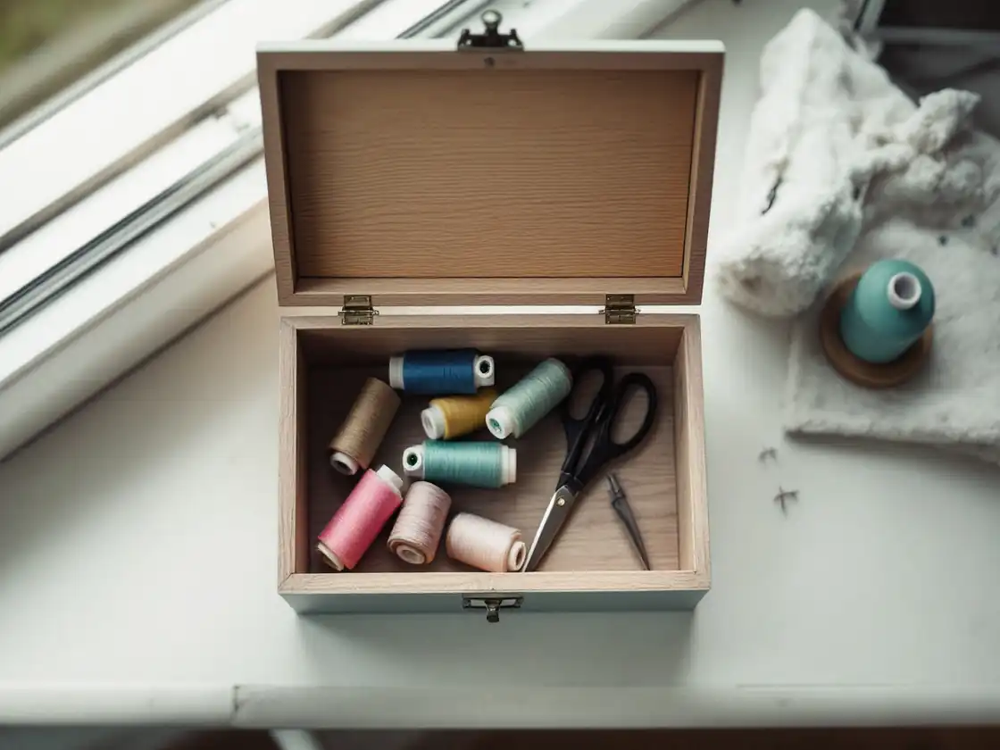 An open wooden sewing box with spools of colored thread and scissors