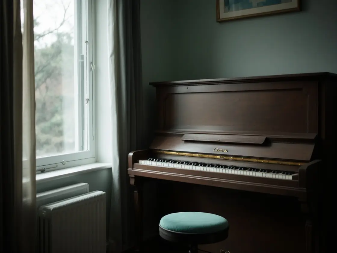 An upright piano with a closed lid and a stool beside a window