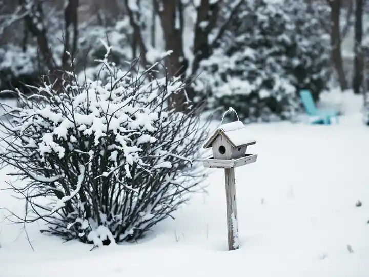 A snow-covered backyard with a wooden bird feeder on a post