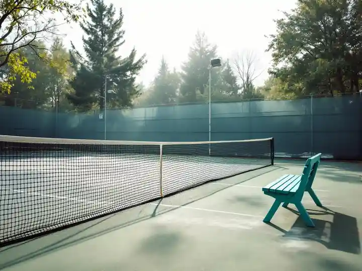An empty tennis court with a sagging net in early morning light
