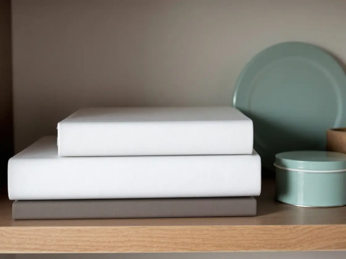 Three closed cloth-covered photo albums stacked on a wooden shelf