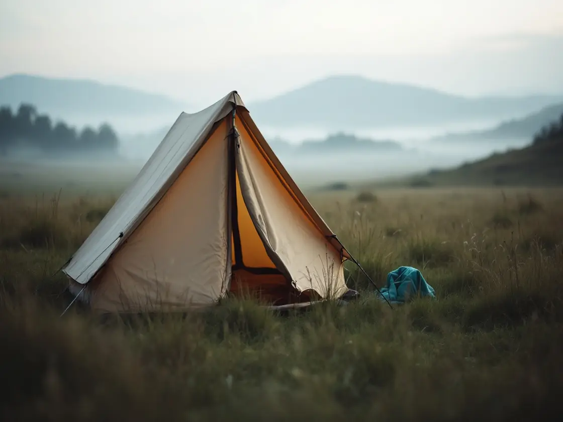 A small tent pitched in a misty meadow at dawn with distant hills