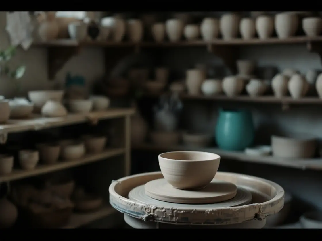 A pottery wheel with an unfinished clay bowl in a studio corner
