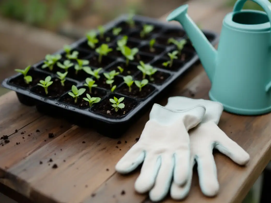 Seed trays and a pair of empty garden gloves on a potting bench