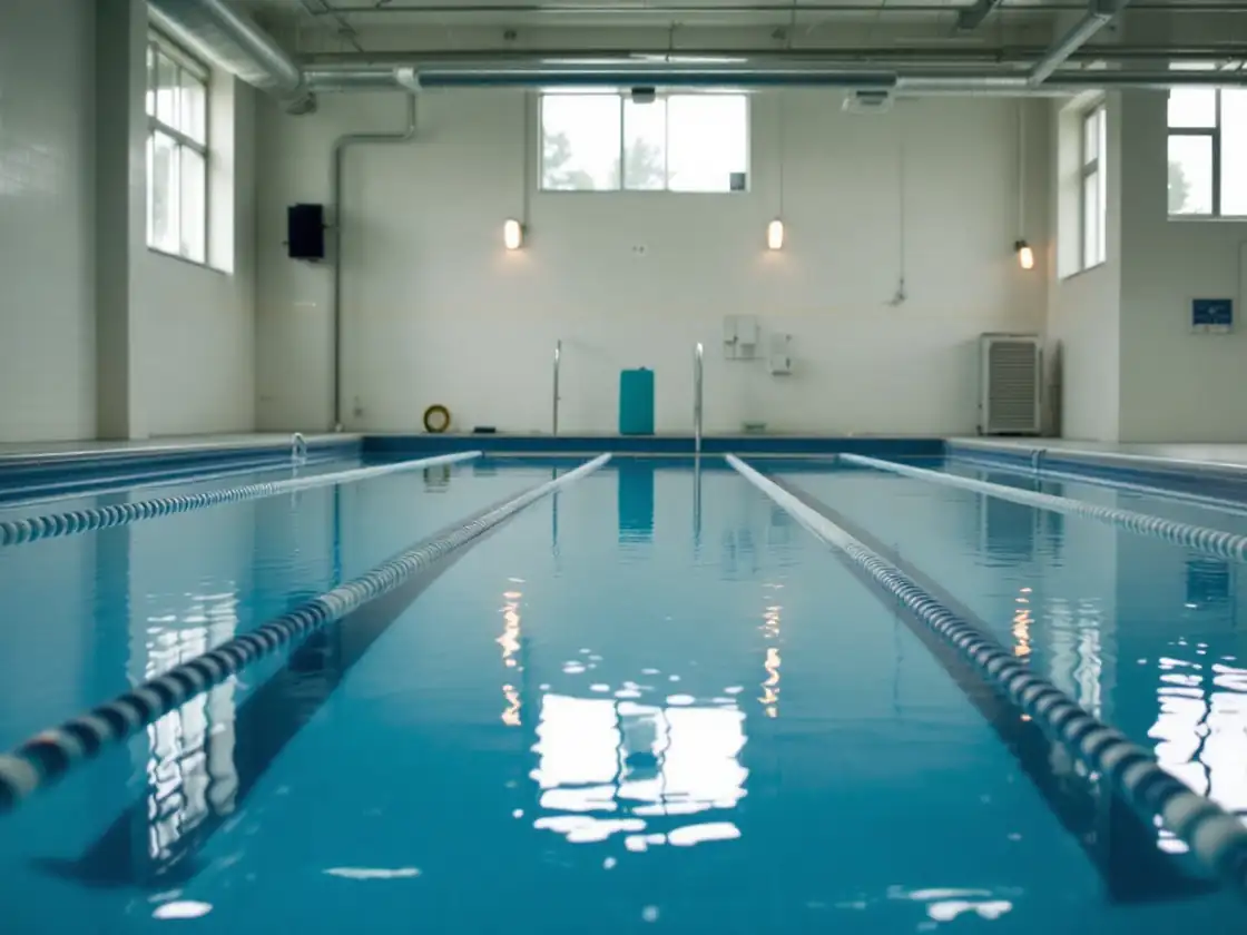 An empty indoor swimming pool with still water and lane ropes