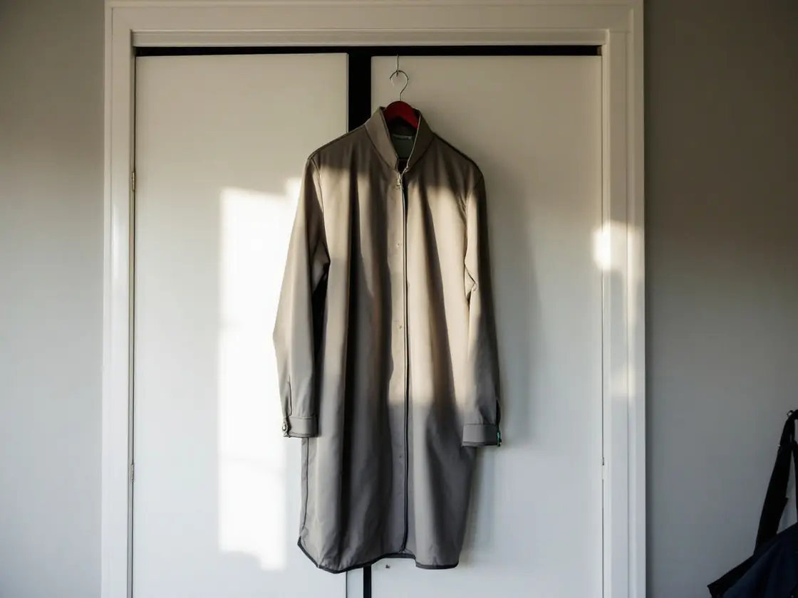 A long gray coat on a hanger against a closed wardrobe door