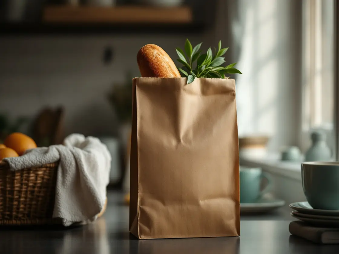 A paper grocery bag standing on a kitchen counter in evening light