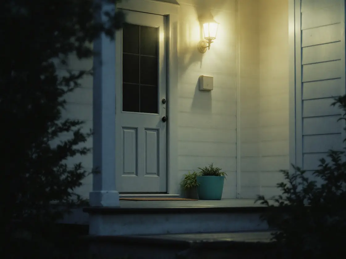 A lit porch lamp beside a pale front door at early dusk