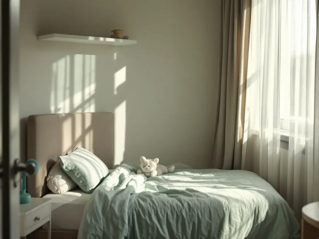 A neatly made single bed in a childhood bedroom with afternoon sun