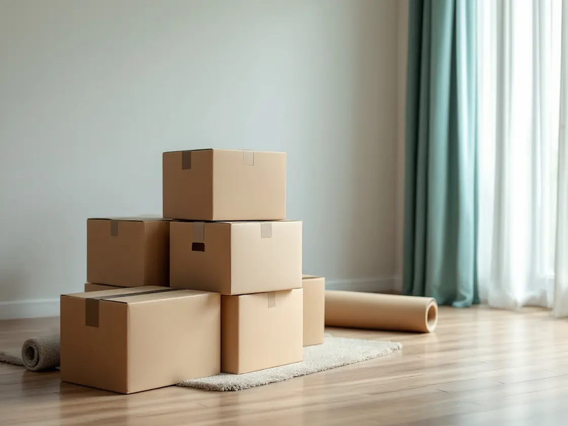 Stacked cardboard boxes and a rolled rug in an empty living room