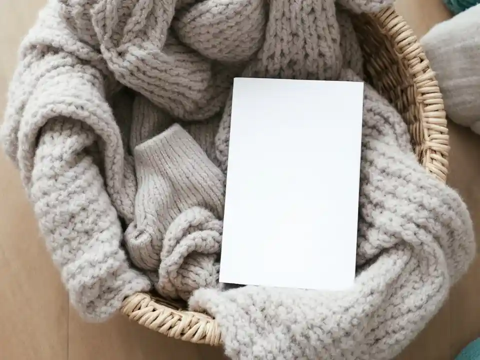 A wicker basket holding a folded throw, wool socks and a paperback