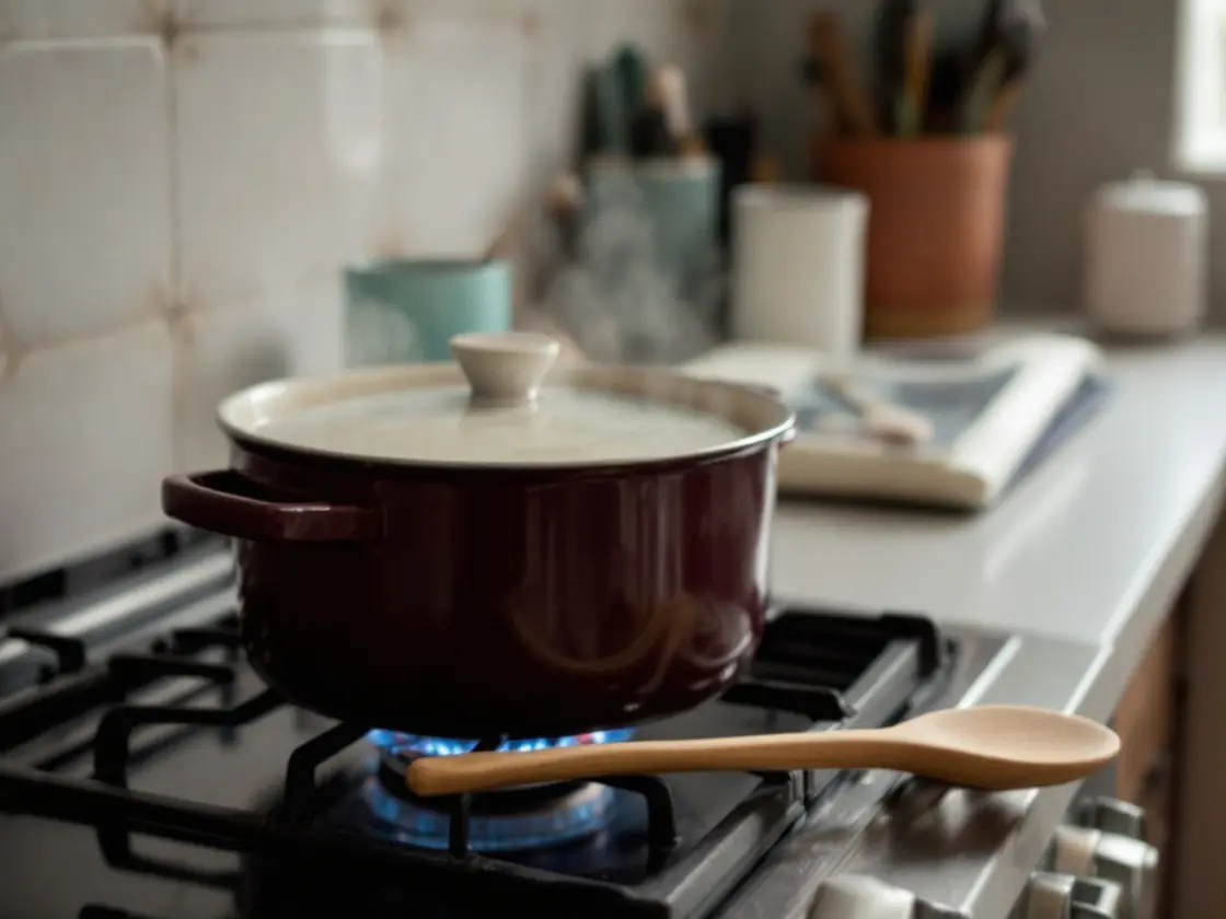 A lidded soup pot on a kitchen stove with a wooden spoon