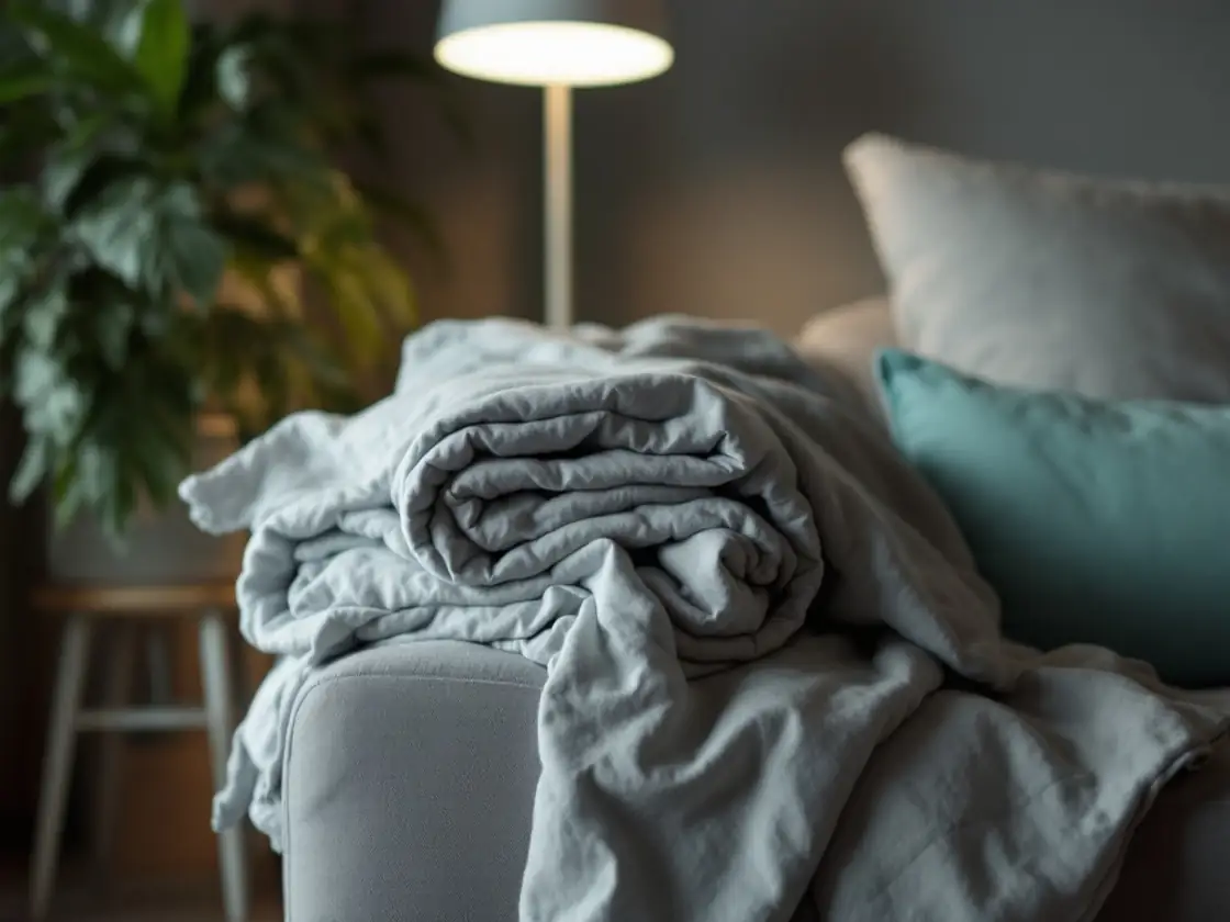 A folded blanket and pillow on a sofa arm under a floor lamp