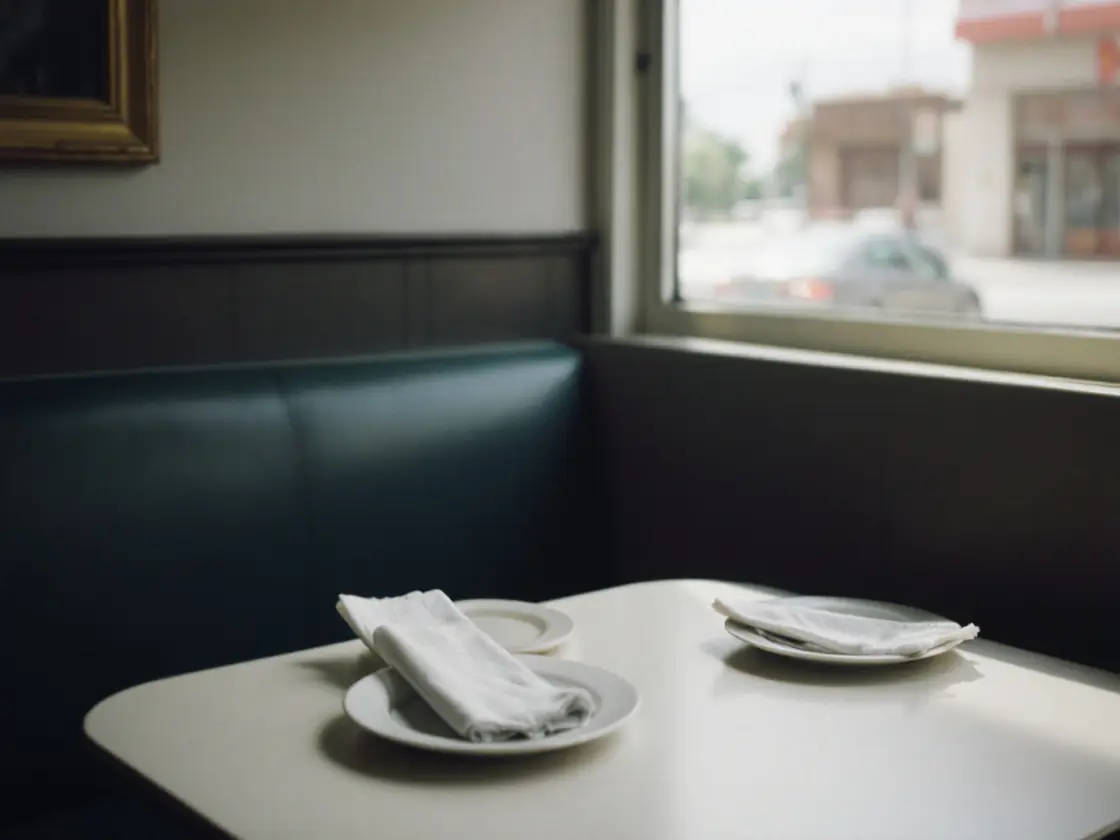 An empty diner booth with two clean plates by a large window