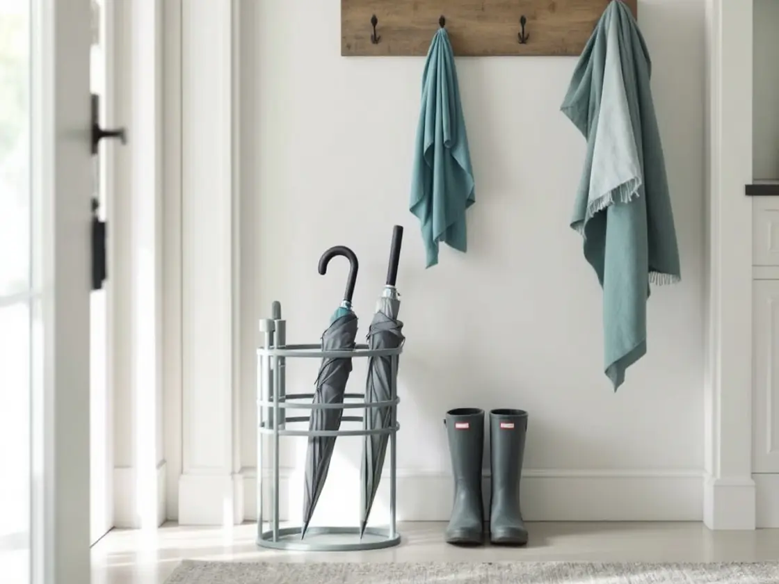 Two umbrellas in a stand beside rain boots in a bright entryway