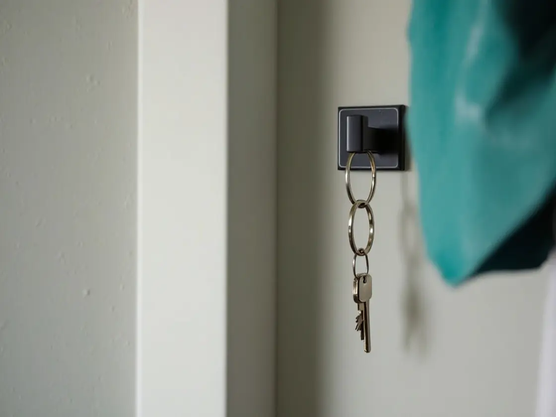 A spare house key hanging on a small hook beside a door