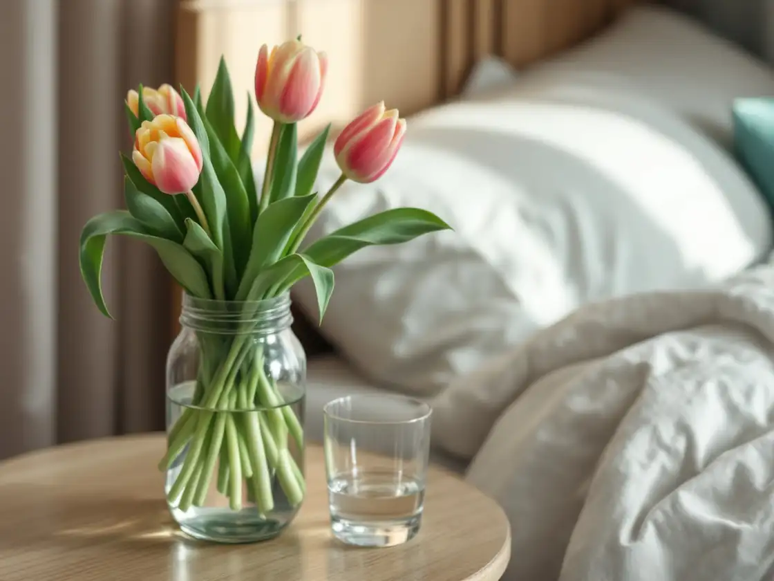 A jar of tulips and a glass of water on a bedside table