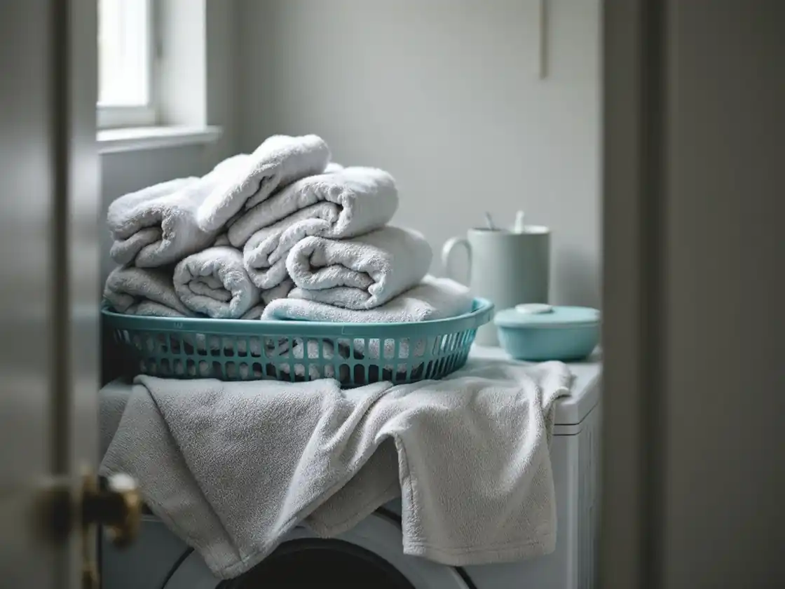 A basket of folded towels on a washing machine in a utility room