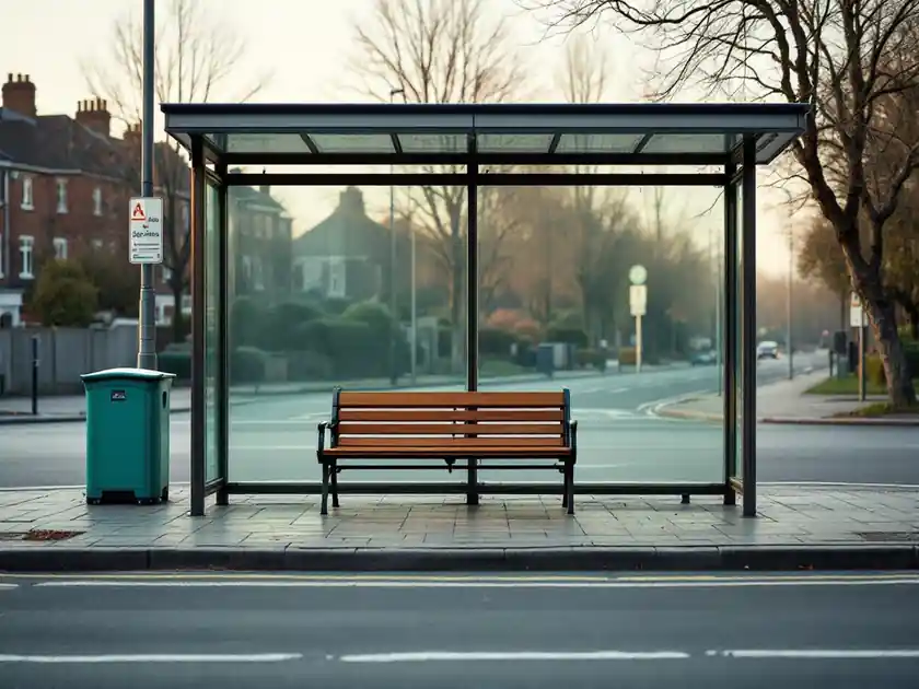 An empty bus shelter with a bench on a quiet street in morning light