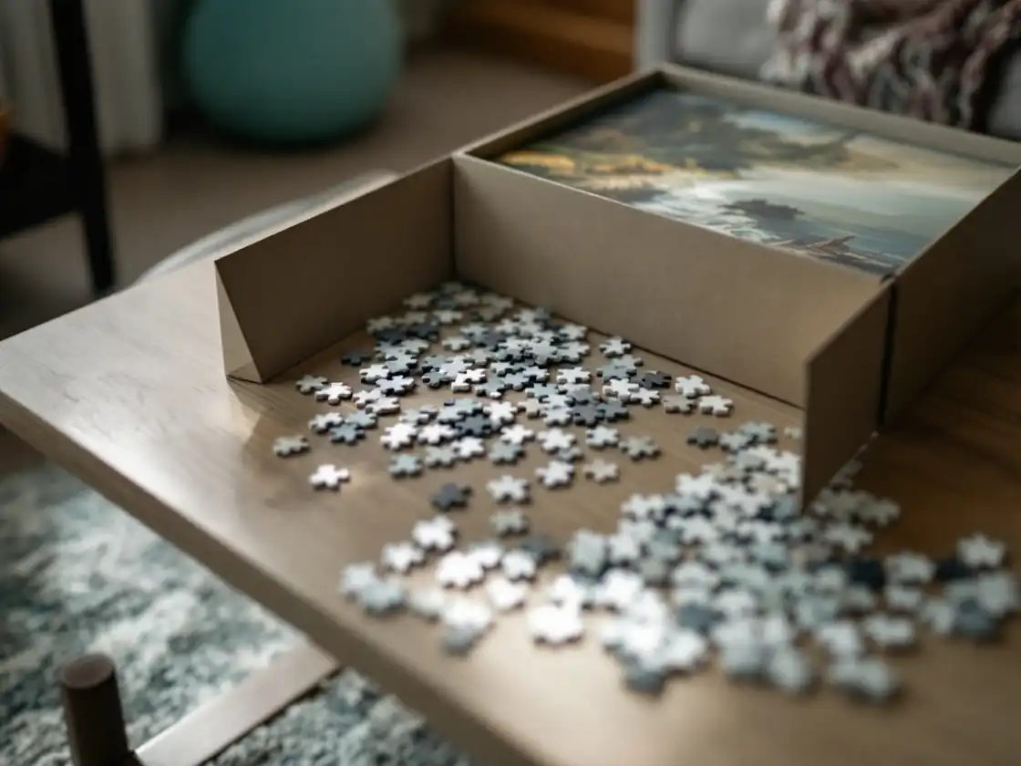 A half-finished jigsaw puzzle on a low coffee table under lamp light