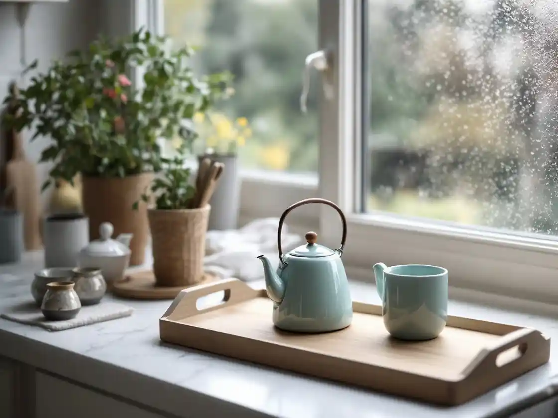 A kettle and a teapot on a tray beside a rainy kitchen window