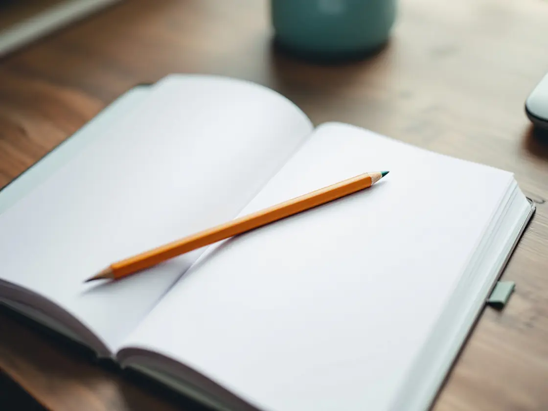 An open paper planner on a wooden desk with a pencil