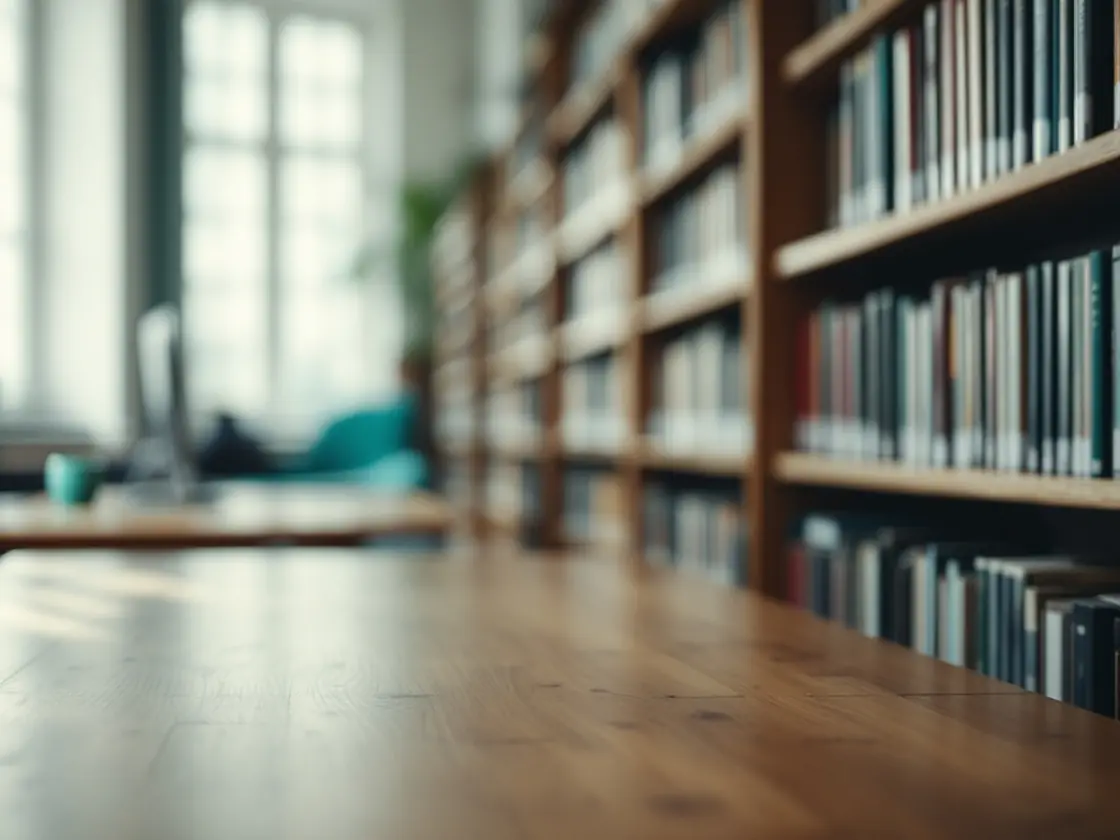 A row of library shelves with a wooden reading table