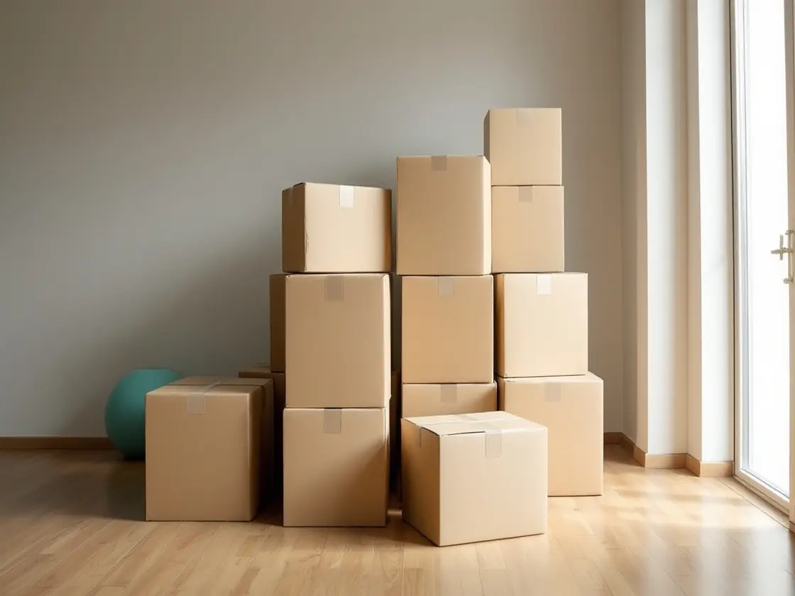 Stacked moving boxes in an empty room with wooden floors