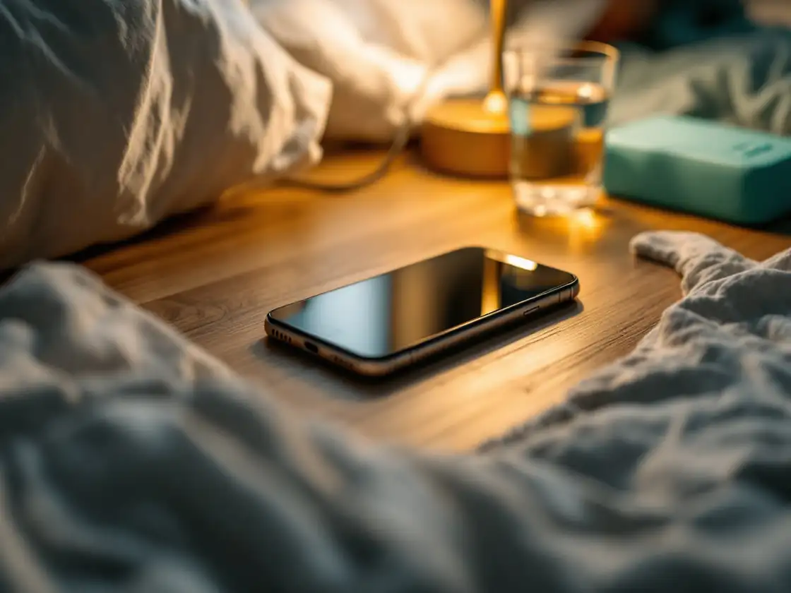 A phone lying face down on a bedside table at night