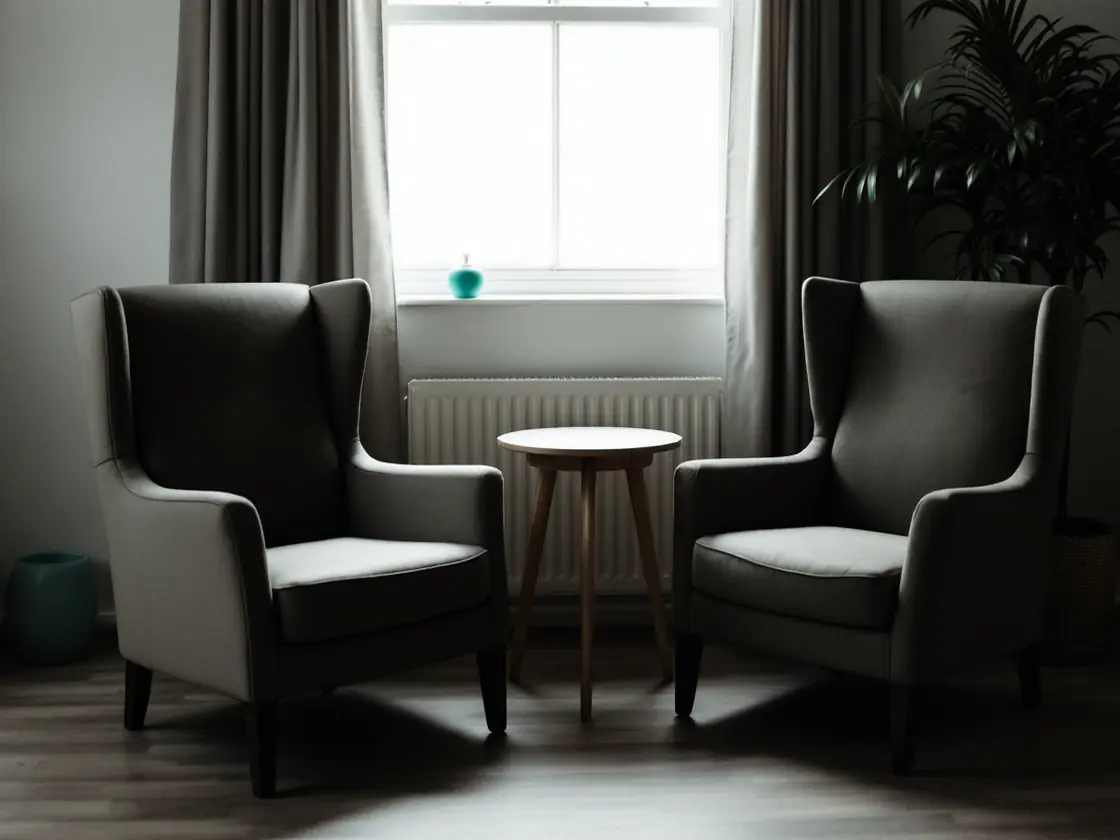 Two armchairs and a small table in a quiet room