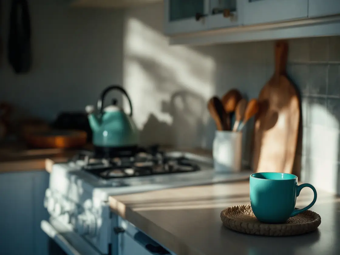A kitchen at dawn with a kettle and one mug