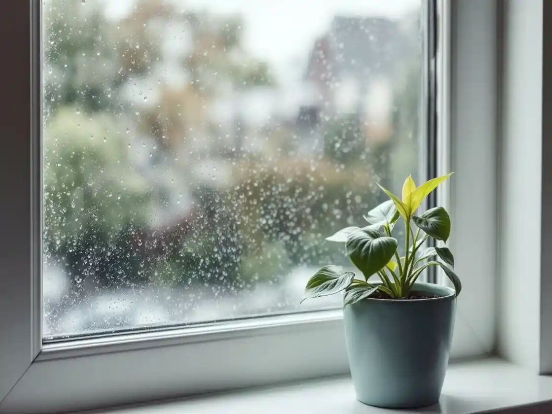 A houseplant on a windowsill with rain on the glass