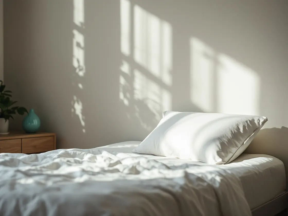 A made bed with white linen in a bright bedroom
