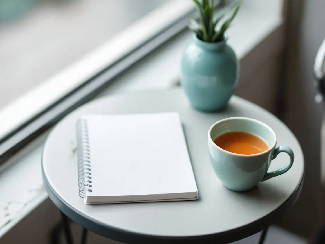 A closed notebook and a cup of tea on a cafe table