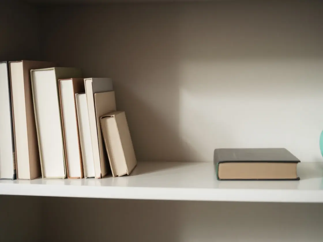 A half empty bookshelf with a few books lying flat