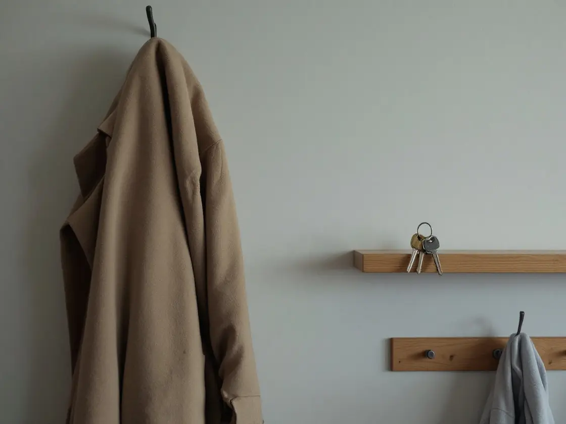 A coat on a hook and keys on a hallway shelf