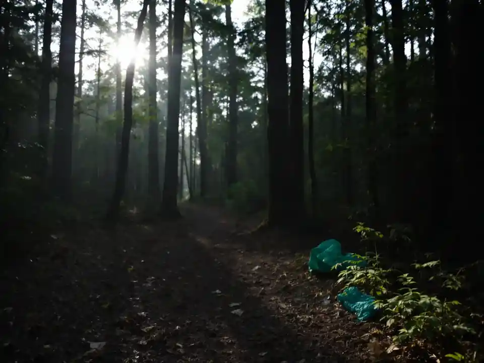 A forest trail with early morning sun through the trees