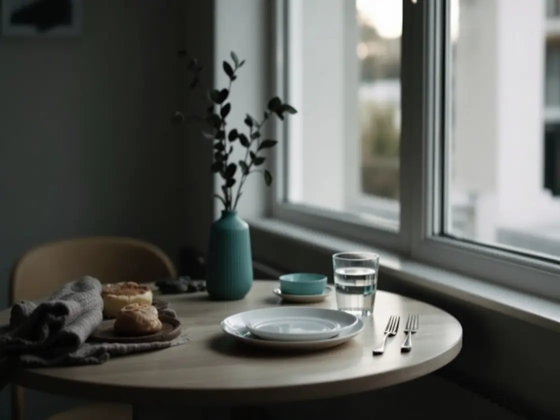 A table set for one with a plate and glass by a window