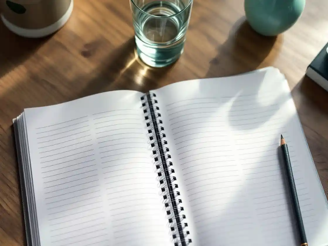 An open paper planner on a desk beside a pencil and water glass