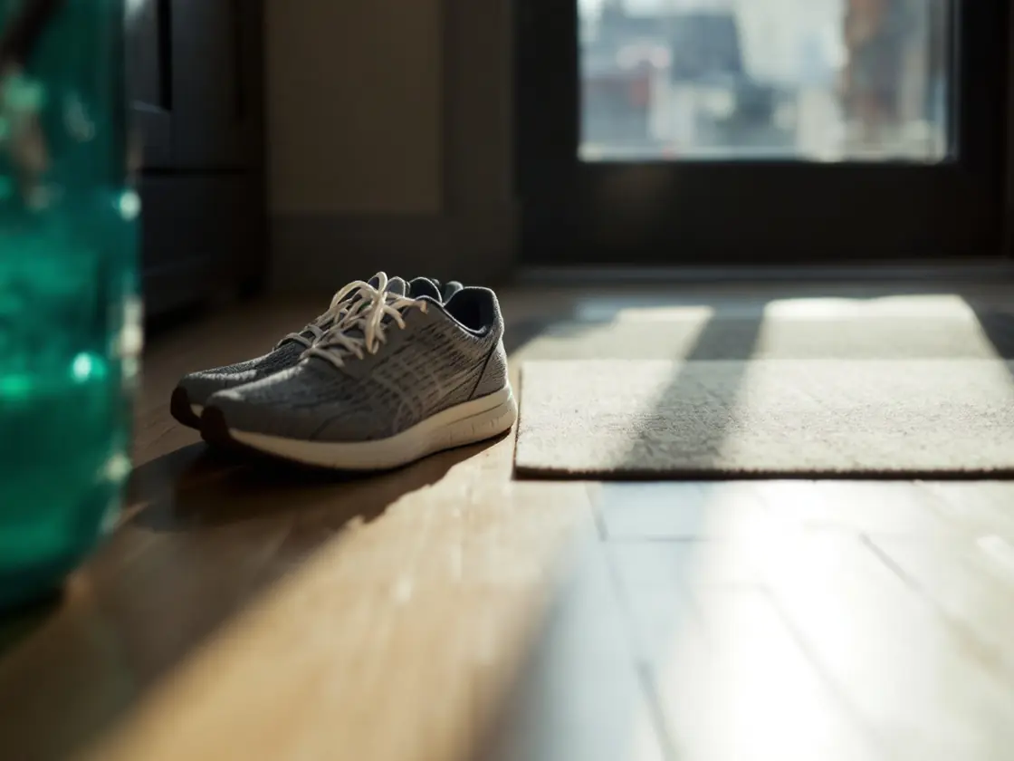 A running shoe on a wooden floor beside a front door mat