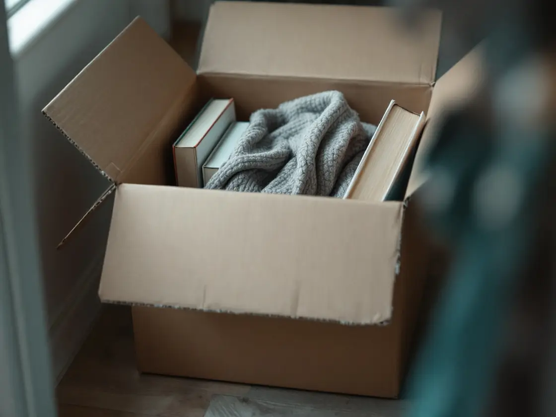 A cardboard box holding a folded sweater on a hallway floor