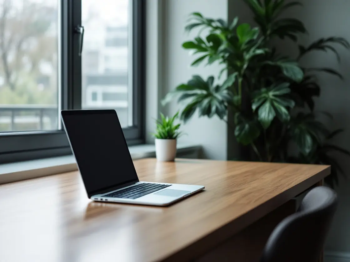 An empty office desk by a window with a closed laptop and a plant