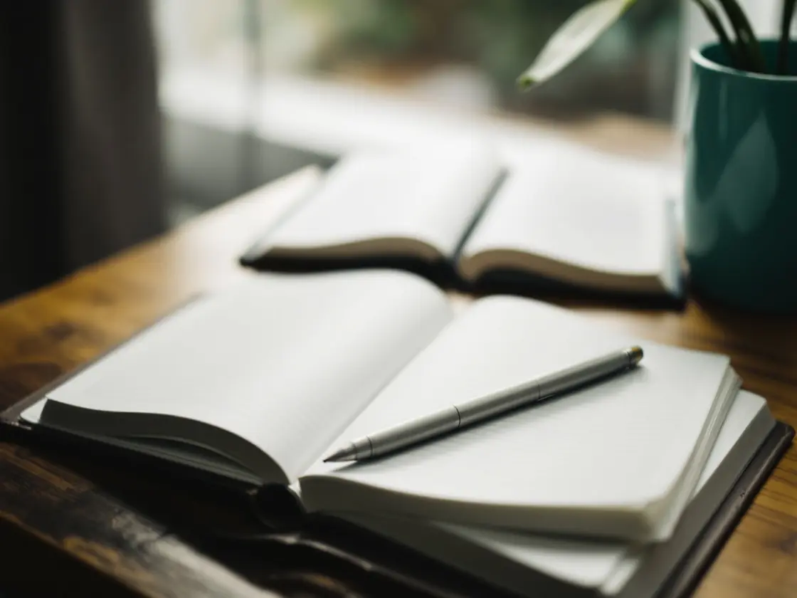 An open notebook and a pen on a wooden table near a window