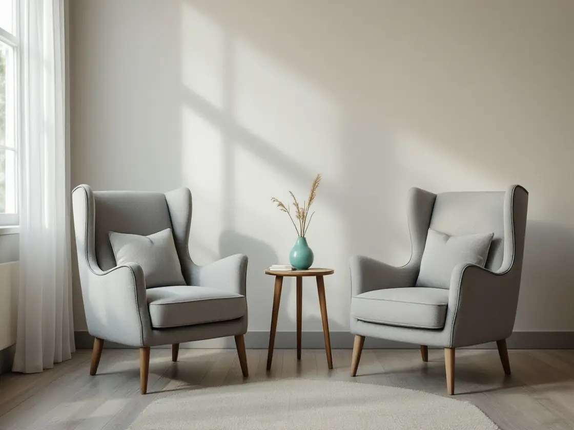 Two empty armchairs facing each other in a calm sunlit room