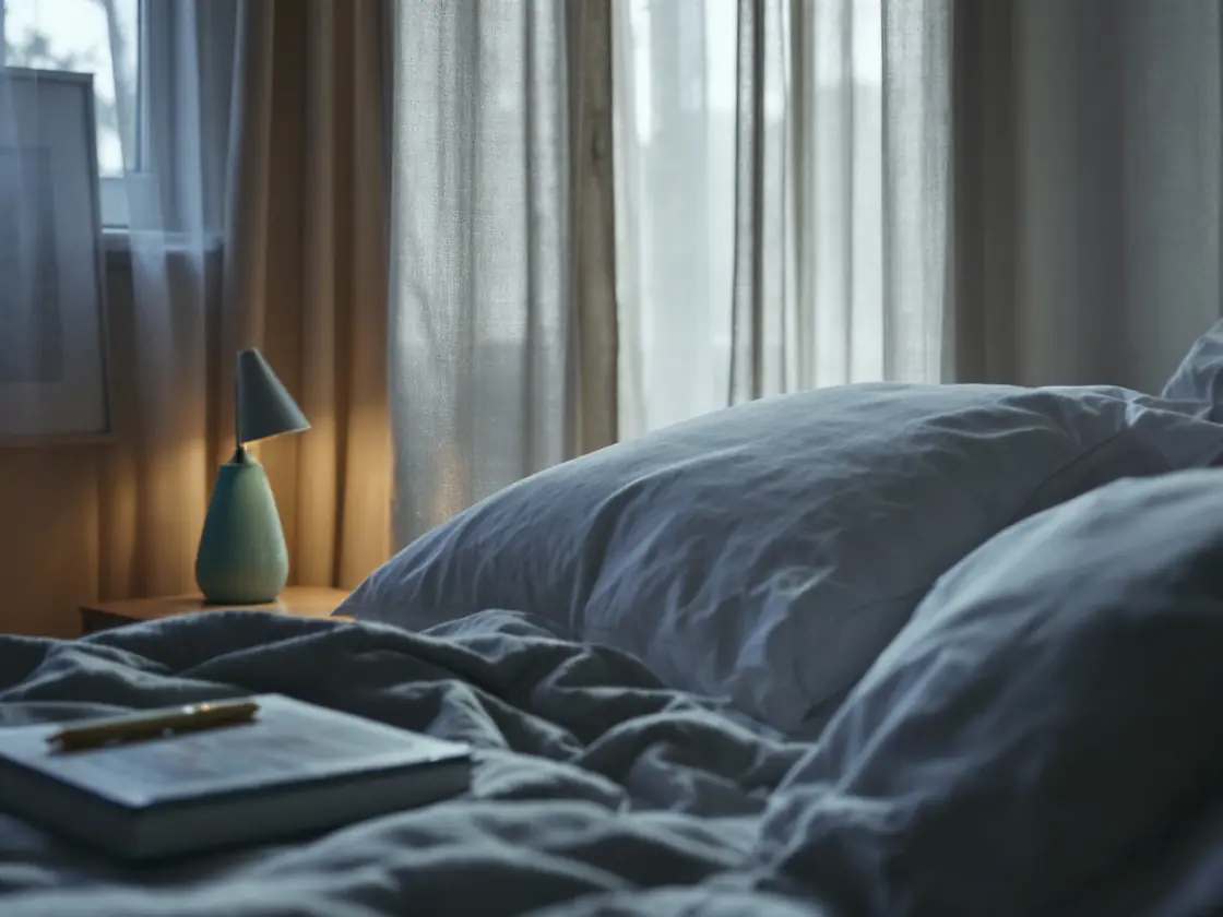A bed with gray linen and a notebook in soft morning light